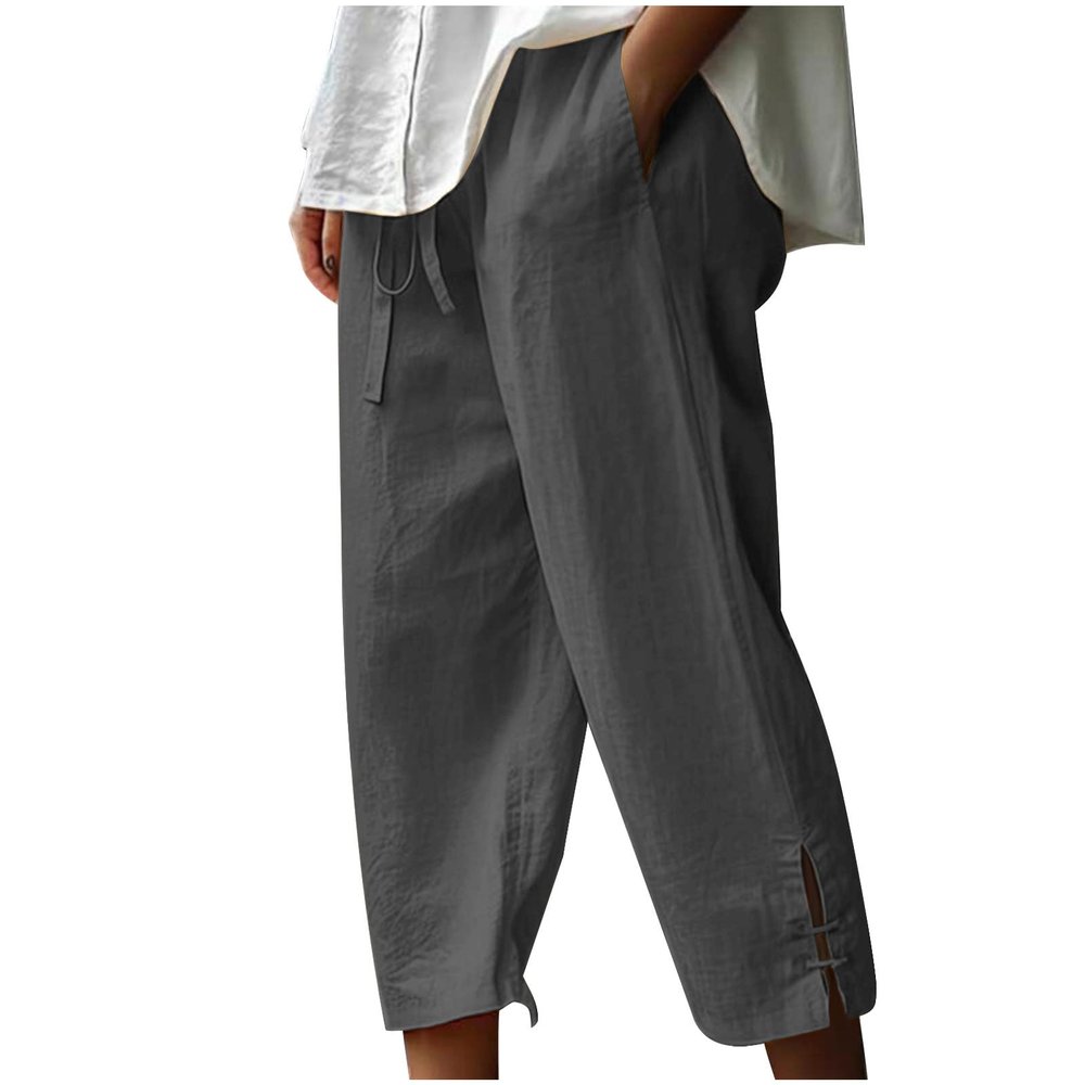 Generic Linen Capri Pants for Women Elastic High Waisted Wide Leg Yoga Capris Cropped Pants Drawstring Joggers with Pockets Dark Gray, XX-Large