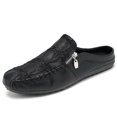 SayfuR Loafers for Men Solid Color Stitching Details with Zipper Mules Slippers Slip Resistant Anti-Slip Flat Heel Walking Outdoor Slip-on (Color : Black, Size : 8.5)
