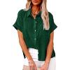 Womens Linen Shirts Summer V Neck Button Down Blouses Casual Short Sleeve Roll up Tops Basic Collared Work Shirts view 2