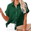 Womens Linen Shirts Summer V Neck Button Down Blouses Casual Short Sleeve Roll up Tops Basic Collared Work Shirts view 3