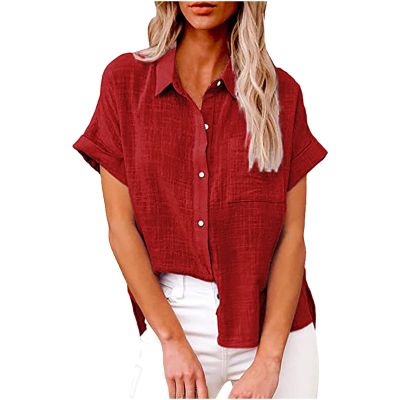 Womens Linen Shirts Summer V Neck Button Down Blouses Casual Short Sleeve Roll up Tops Basic Collared Work Shirts