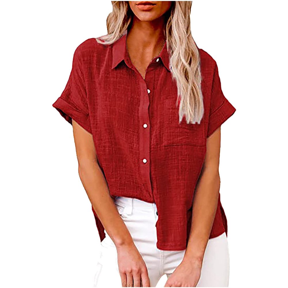 Womens Linen Shirts Summer V Neck Button Down Blouses Casual Short Sleeve Roll up Tops Basic Collared Work Shirts