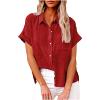Womens Linen Shirts Summer V Neck Button Down Blouses Casual Short Sleeve Roll up Tops Basic Collared Work Shirts view 1