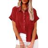 Womens Linen Shirts Summer V Neck Button Down Blouses Casual Short Sleeve Roll up Tops Basic Collared Work Shirts view 2