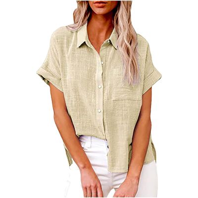 Womens Linen Shirts Summer V Neck Button Down Blouses Casual Short Sleeve Roll up Tops Basic Collared Work Shirts