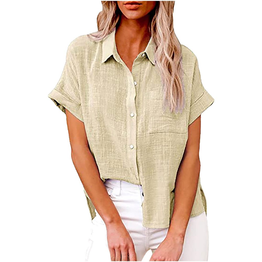Womens Linen Shirts Summer V Neck Button Down Blouses Casual Short Sleeve Roll up Tops Basic Collared Work Shirts