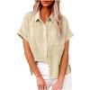 Womens Linen Shirts Summer V Neck Button Down Blouses Casual Short Sleeve Roll up Tops Basic Collared Work Shirts view 1