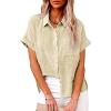 Womens Linen Shirts Summer V Neck Button Down Blouses Casual Short Sleeve Roll up Tops Basic Collared Work Shirts view 2