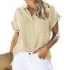 Womens Linen Shirts Summer V Neck Button Down Blouses Casual Short Sleeve Roll up Tops Basic Collared Work Shirts view 3