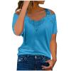 Womens Cold Shoulder Tops Sexy Lace V Neck Blouses Hollow Out Short Sleeve Casual Tops Summer Solid Elegant Tshirts Blue view 1