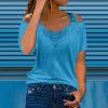 Womens Cold Shoulder Tops Sexy Lace V Neck Blouses Hollow Out Short Sleeve Casual Tops Summer Solid Elegant Tshirts Blue view 2