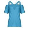 Womens Cold Shoulder Tops Sexy Lace V Neck Blouses Hollow Out Short Sleeve Casual Tops Summer Solid Elegant Tshirts Blue view 3
