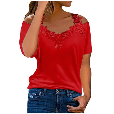 Womens Cold Shoulder Tops Sexy Lace V Neck Blouses Hollow Out Short Sleeve Casual Tops Summer Solid Elegant Tshirts