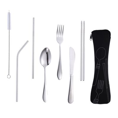 FUNOMOCYA Stainless Steel Utensil Set for Lunch Box 7pc Camping Cutlery Set with Black Forks Spoons