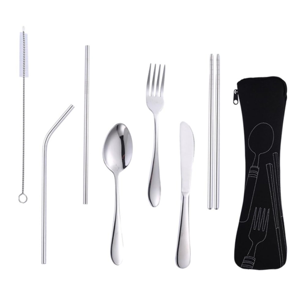 FUNOMOCYA Stainless Steel Utensil Set for Lunch Box 7pc Camping Cutlery Set with Black Forks Spoons