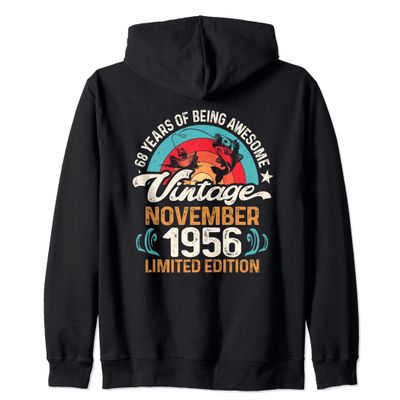 Vintage 68th Birthday 68 Year-Old Anglers Born November 1956 Zip Hoodie