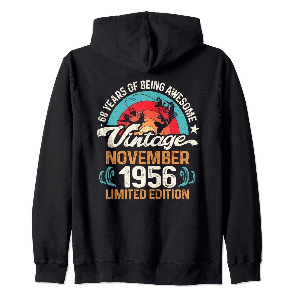 Vintage 68th Birthday 68 Year-Old Anglers Born November 1956 Zip Hoodie