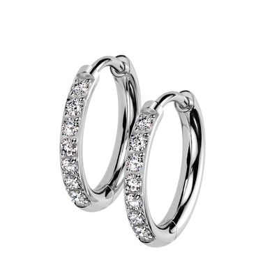 18GA F-136 Implant Grade Titanium CZ Crystal Lined 2mm Thick Hinged Round Hoop Earrings, Sold as a Pair (8mm Diameter, Silver Tone)