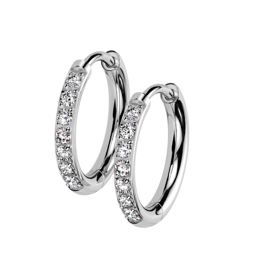 18GA F-136 Implant Grade Titanium CZ Crystal Lined 2mm Thick Hinged Round Hoop Earrings, Sold as a Pair (8mm Diameter, Silver Tone)