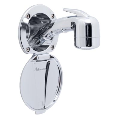 Ambassador Marine Recessed Shower- Chrome Cup & Lid, Small Chrome Sprayer (No Eyelet), 6' Black Rubber Hose - 136-0006-CP-W