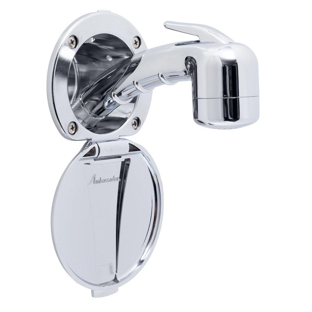 Ambassador Marine Recessed Shower- Chrome Cup & Lid, Small Chrome Sprayer (No Eyelet), 6' Black Rubber Hose - 136-0006-CP-W
