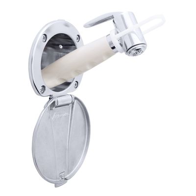 Ambassador Marine Recessed Shower- Chrome Cup with Stainless Steel Lid, Hammer-Head Warm White Sprayer, 10' White Rubber Hose - 136-0044-CW-W