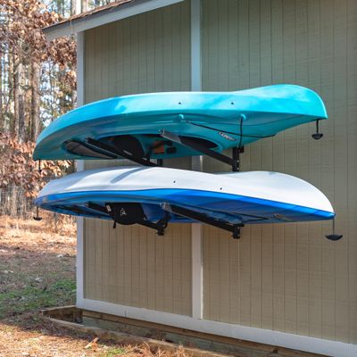 StoreYourBoard G-Kayak Wall Rack  Heavy-Duty Outdoor Kayak Rack for 2 Boats, Adjustable Storage Wall Mount Hanger, Space-Saving Outdoor Storage for Kayak Wall Mount - Holds 200 lbs - Silver