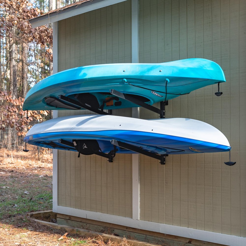 StoreYourBoard G-Kayak Wall Rack  Heavy-Duty Outdoor Kayak Rack for 2 Boats, Adjustable Storage Wall Mount Hanger, Space-Saving Outdoor Storage for Kayak Wall Mount - Holds 200 lbs - Silver