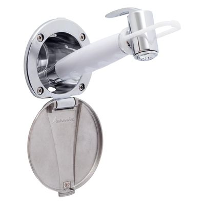 Ambassador Marine Recessed Shower- Chrome Cup with Stainless Steel Lid, Hammer-Head Arctic White Sprayer, 10' White Rubber Hose - 136-0044-CA-W