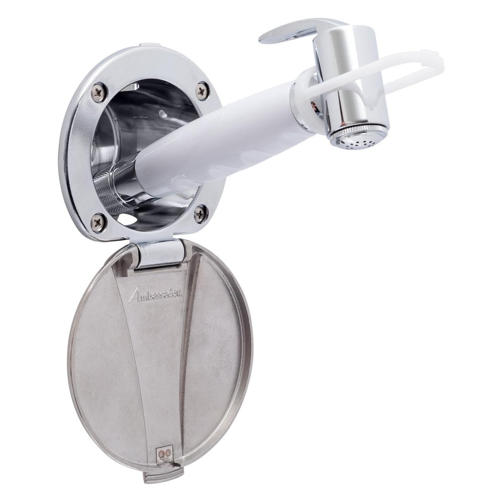 Ambassador Marine Recessed Shower- Chrome Cup with Stainless Steel Lid, Hammer-Head Arctic White Sprayer, 10' White Rubber Hose - 136-0044-CA-W