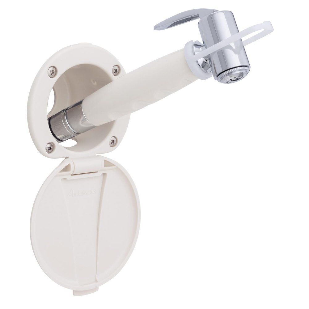 Ambassador Marine Recessed Shower- Warm White Cup & Lid, Hammer-Head Warm White Sprayer, 6' White Rubber Hose - 136-0012-WH-W