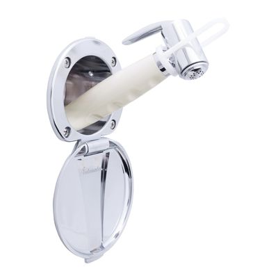 Ambassador Marine Recessed Shower- Chrome Cup & Lid, Hammer-Head Warm White Sprayer, 6' White Rubber Hose - 136-0012-CW-W