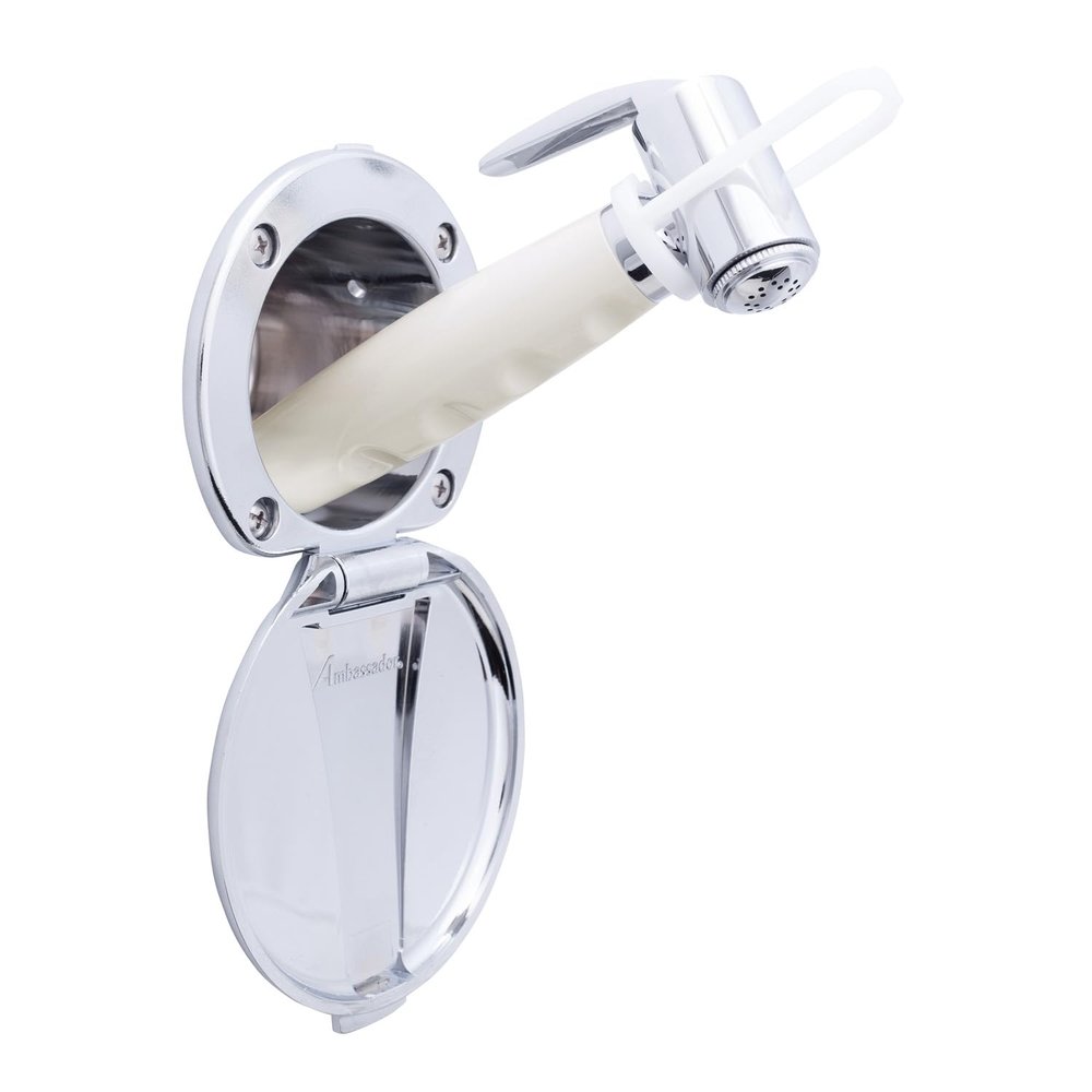 Ambassador Marine Recessed Shower- Chrome Cup & Lid, Hammer-Head Warm White Sprayer, 6' White Rubber Hose - 136-0012-CW-W