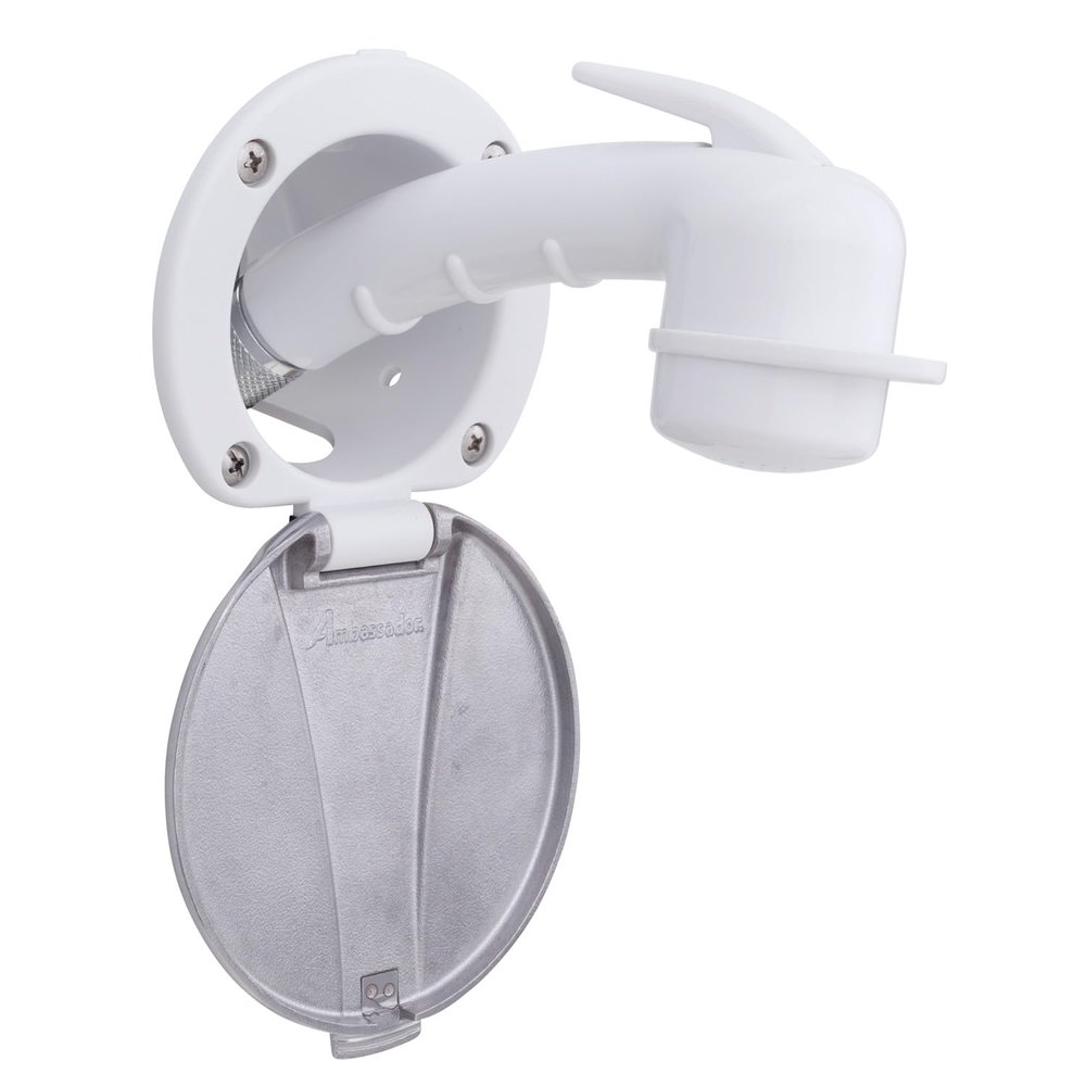 Ambassador Marine Recessed Shower- Arctic White Cup with Stainless Steel Lid, Small Arctic White Sprayer, 6' Stainless Steel Hose - 136-0048-AW-W