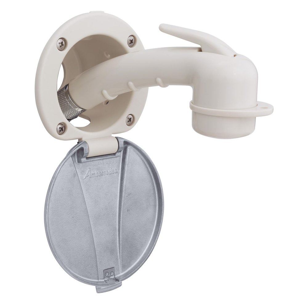 Ambassador Marine Recessed Shower- Warm White Cup with Stainless Steel Lid, Small Warm White Sprayer, 10' White Rubber Hose - 136-0047-WH-W