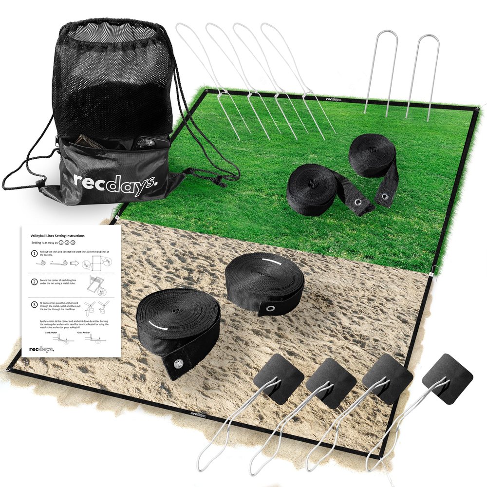 Recdays Volleyball Lines: Premium 2-in-1 Grass Volleyball & Beach Volleyball Lines, 2" Volleyball Court Lines with Anchors & Stakes, Durable Drawstring Mesh Bag, AVP Official Court Size 263 x 526