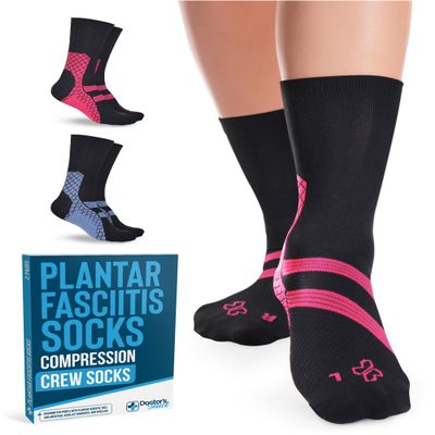 Doctor's Select Plantar Fasciitis Socks - 2 Pairs | Foot Compression for Plantar Fasciitis | Arch Support Women and Men | Crew Compression Socks Black w/Colors