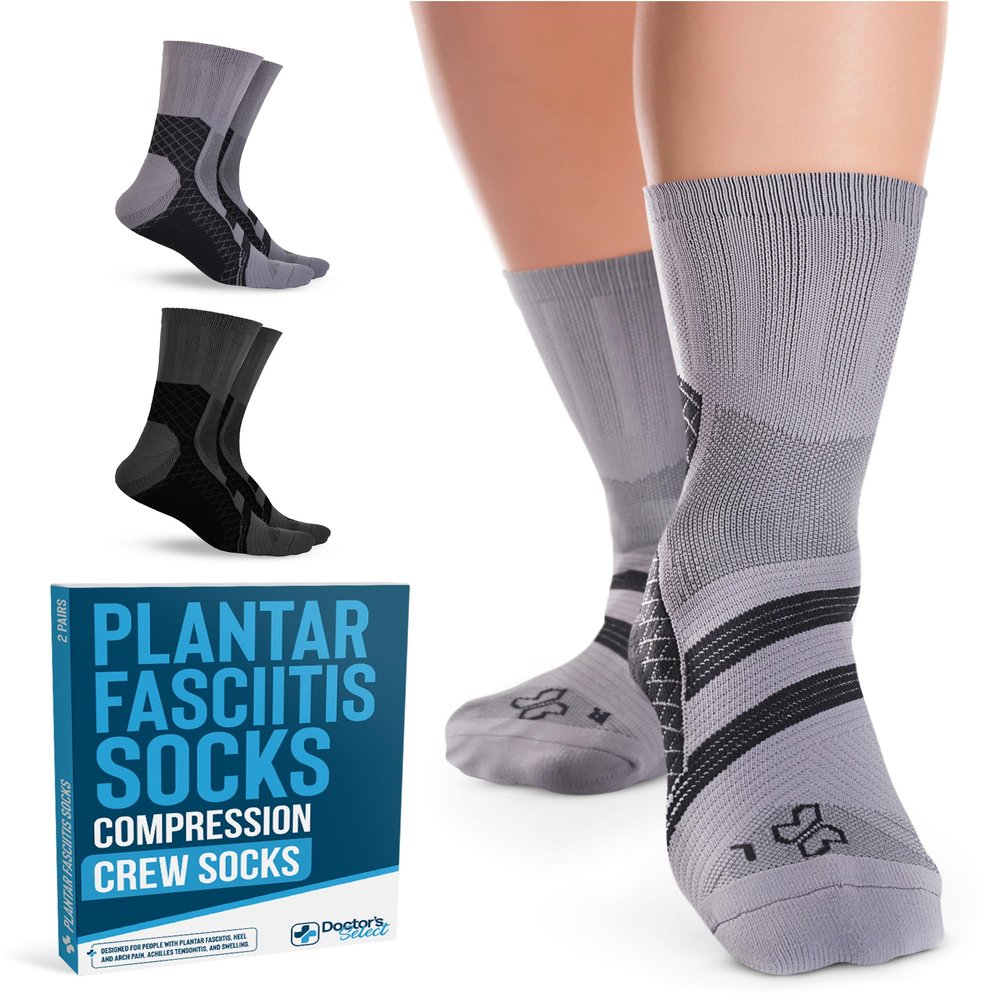 Doctor's Select Plantar Fasciitis Socks - 2 Pairs | Plantar Fasciitis Socks Mens and Womens | Short Compression Socks for Women and Men Arch Support | Grey/Dark Grey