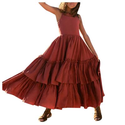 Girls Solid Long Dress 3~12 Y Kids Fancy Formal Party Prom Pageant Dresses Ruffle Spaghetti Strap Dress (Red, 3-4 Years)