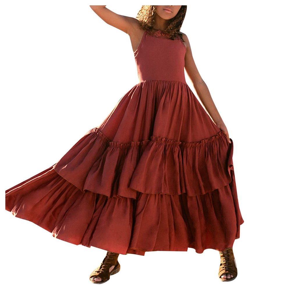 Girls Solid Long Dress 3~12 Y Kids Fancy Formal Party Prom Pageant Dresses Ruffle Spaghetti Strap Dress (Red, 3-4 Years)