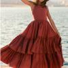 Girls Solid Long Dress 3~12 Y Kids Fancy Formal Party Prom Pageant Dresses Ruffle Spaghetti Strap Dress (Red, 3-4 Years) view 2
