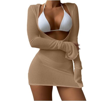 XUNRYAN 2024 Sexy 3 Piece Bikini Set Womens Fishnet Dress Cover Up Vacation Outfits Long Sleeve Sheer Beach Swimwear Beachwear Khaki