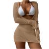 XUNRYAN 2024 Sexy 3 Piece Bikini Set Womens Fishnet Dress Cover Up Vacation Outfits Long Sleeve Sheer Beach Swimwear Beachwear Khaki view 1