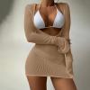 XUNRYAN 2024 Sexy 3 Piece Bikini Set Womens Fishnet Dress Cover Up Vacation Outfits Long Sleeve Sheer Beach Swimwear Beachwear Khaki view 2