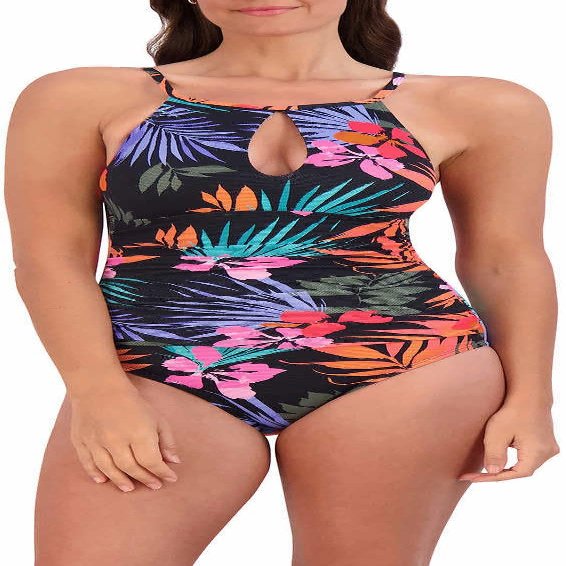 Jessica Simpson Womens Midweight Textured One Piece Swimsuit (US, Alpha, X-Small, Regular, Regular, Palms)