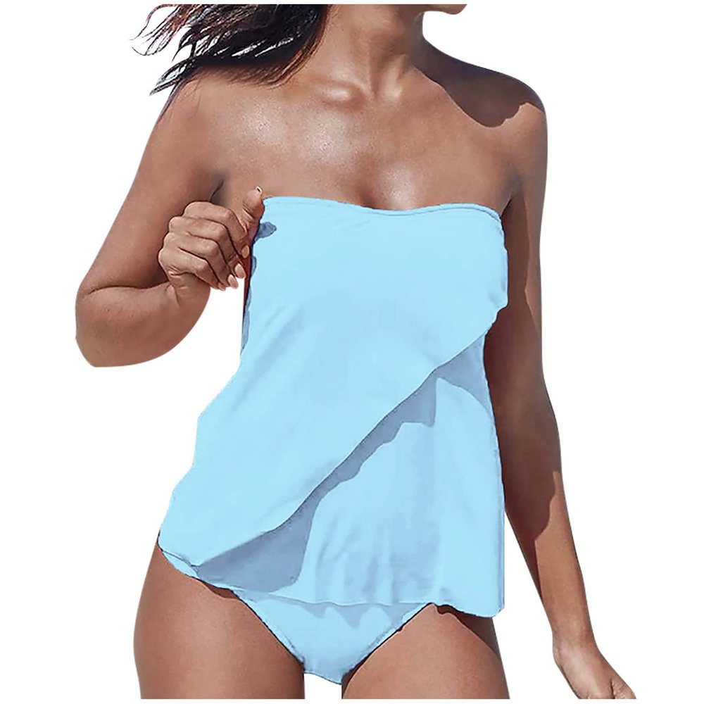 XUNRYAN 2025 Two Piece Bandeau Tankini Swimsuits for Women 2025 Loose Blouson Swim Wrap Tube Top w Bikini Bottom Tummy Control