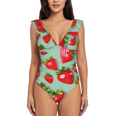Drtgeds Lovely Strawberry Print Print Women's One Piece Swimsuits High Waisted Bathing Ruffled Flounce Suit