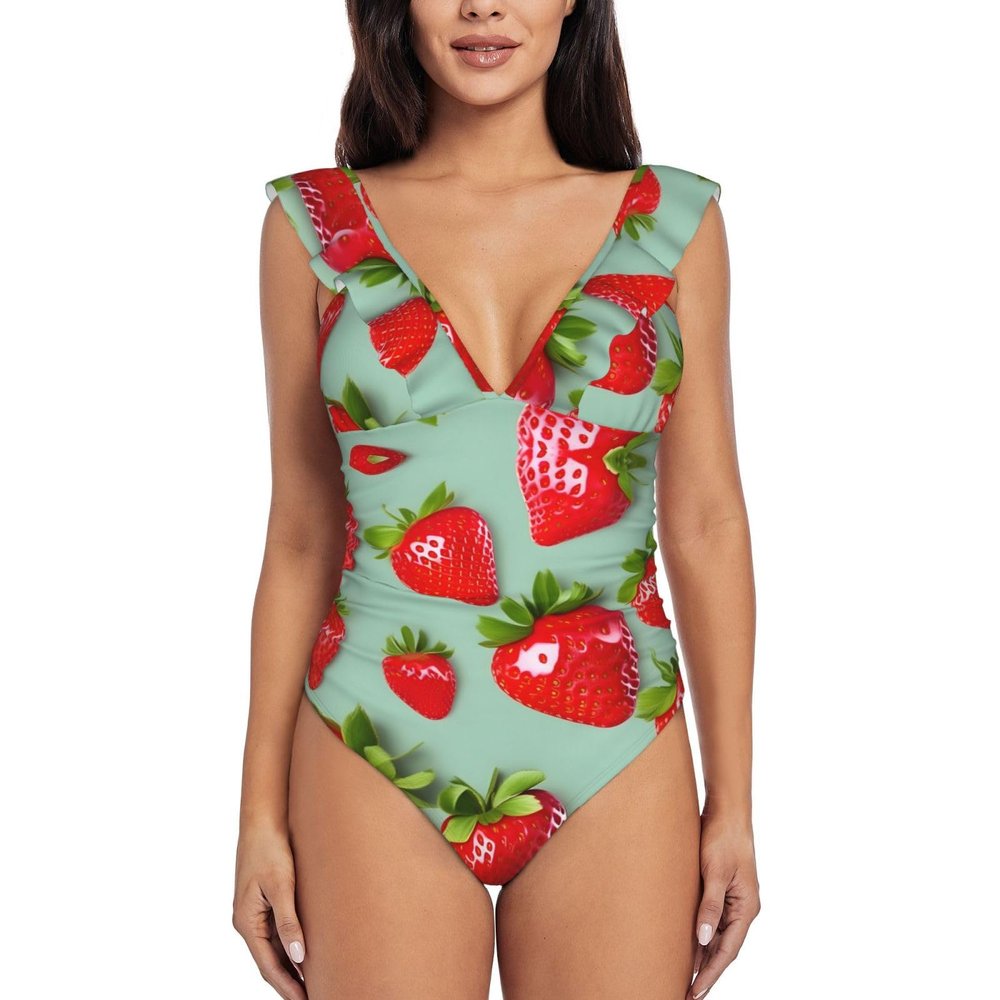 Drtgeds Lovely Strawberry Print Print Women's One Piece Swimsuits High Waisted Bathing Ruffled Flounce Suit