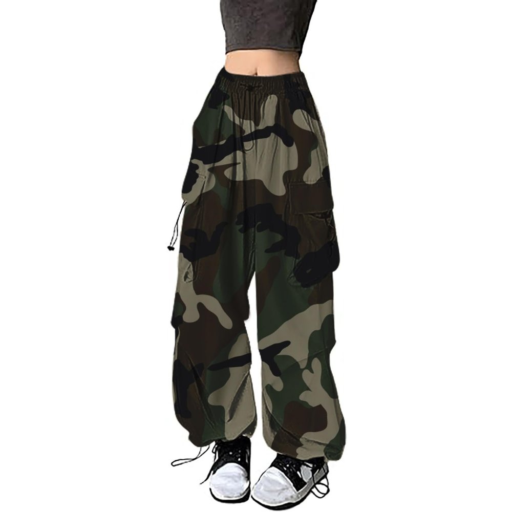 HBDHEJL Camo Cargo Pants Women Wide Leg Parachute Pants High Waisted Casual Baggy Wide Leg Jogger 3X-Large