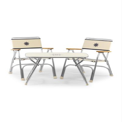 FORMA MARINE Folding Aluminum Off White Boat Chairs Teak Armrests, 3 Piece Bundle Set, 2 M100+Folding Alu.and Melamine Boat Table M250-20''X35''X24''-B100W250